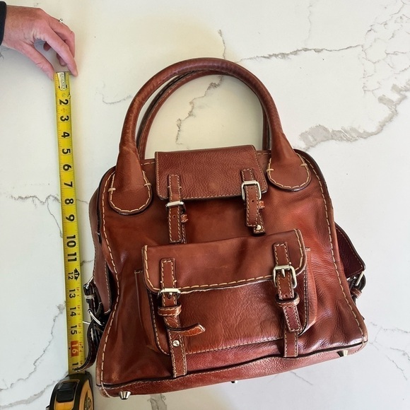 𝅺CHLOE Large Edith Vintage leather Satchel distressed cognac brown w/ stitching - Picture 13 of 16